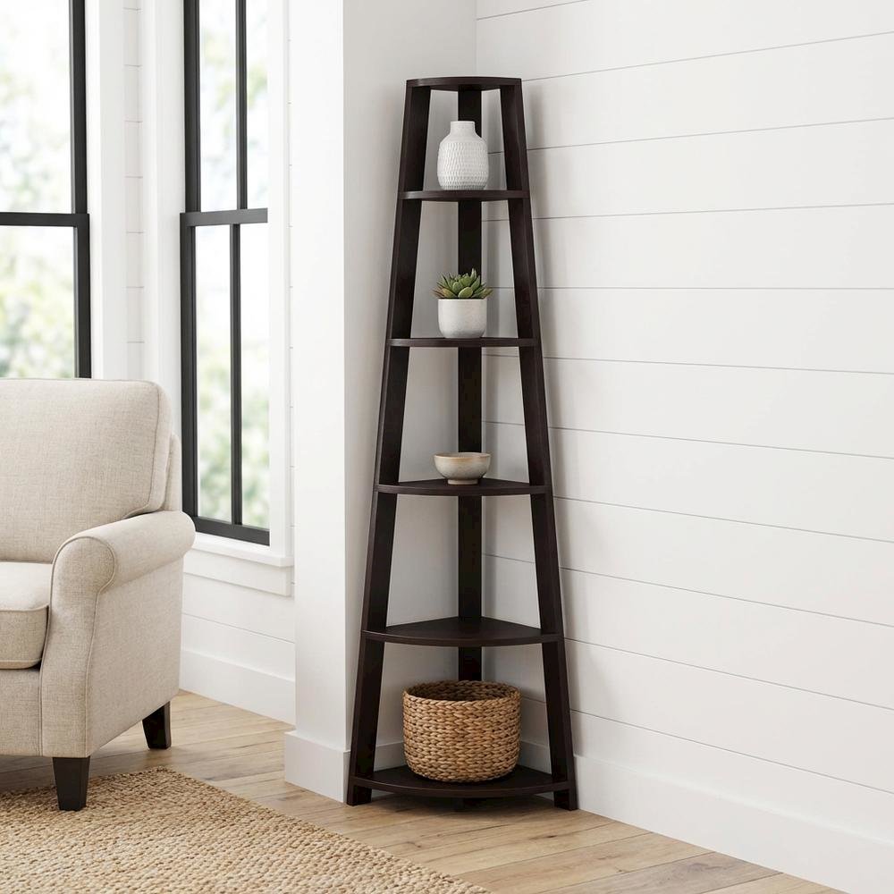 Espresso 5-Tier Corner Bookshelf - Contemporary Style, Sturdy MDF Construction