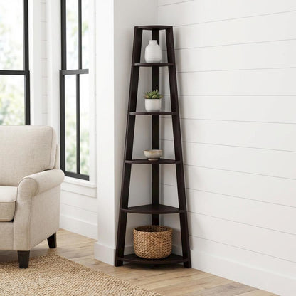 Espresso 5-Tier Corner Bookshelf - Contemporary Style, Sturdy MDF Construction