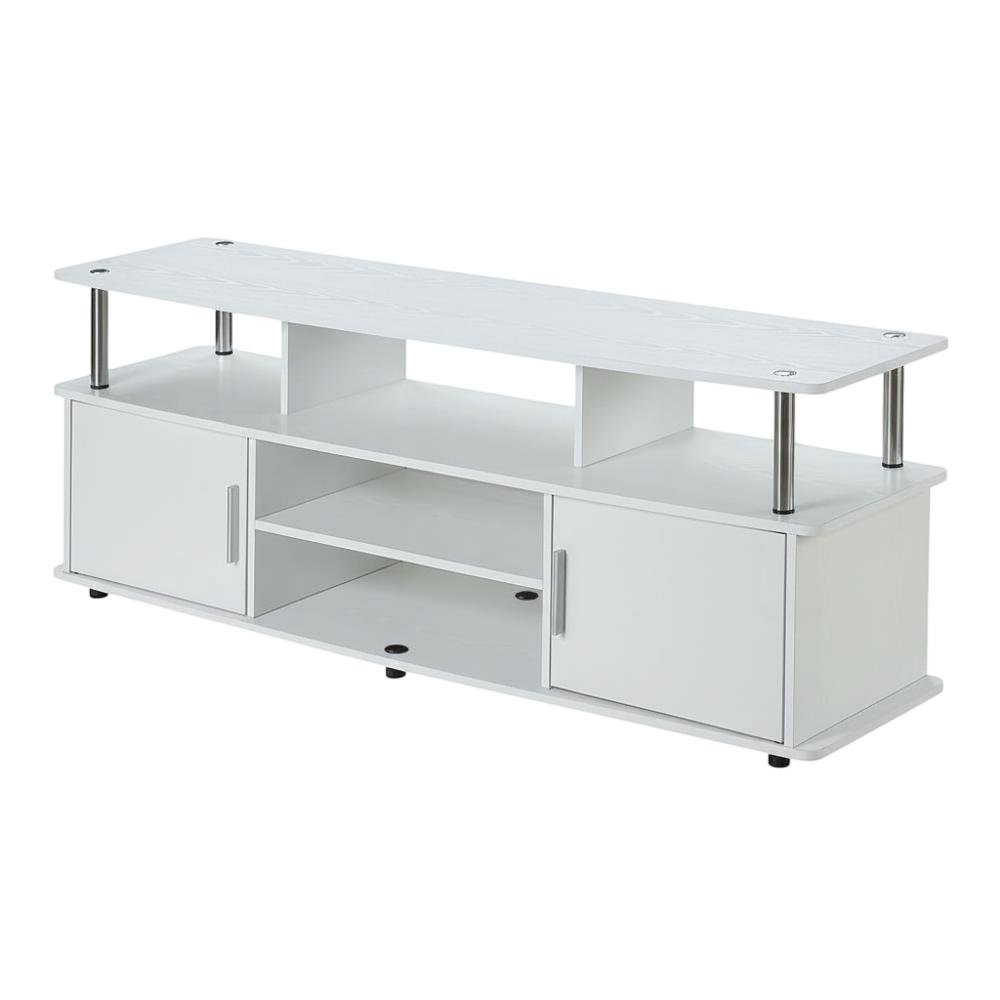 White TV stand with particle board and stainless steel accents, modern design