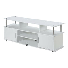 White TV stand with particle board and stainless steel accents, modern design