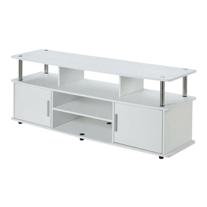 White TV stand with particle board and stainless steel accents, modern design