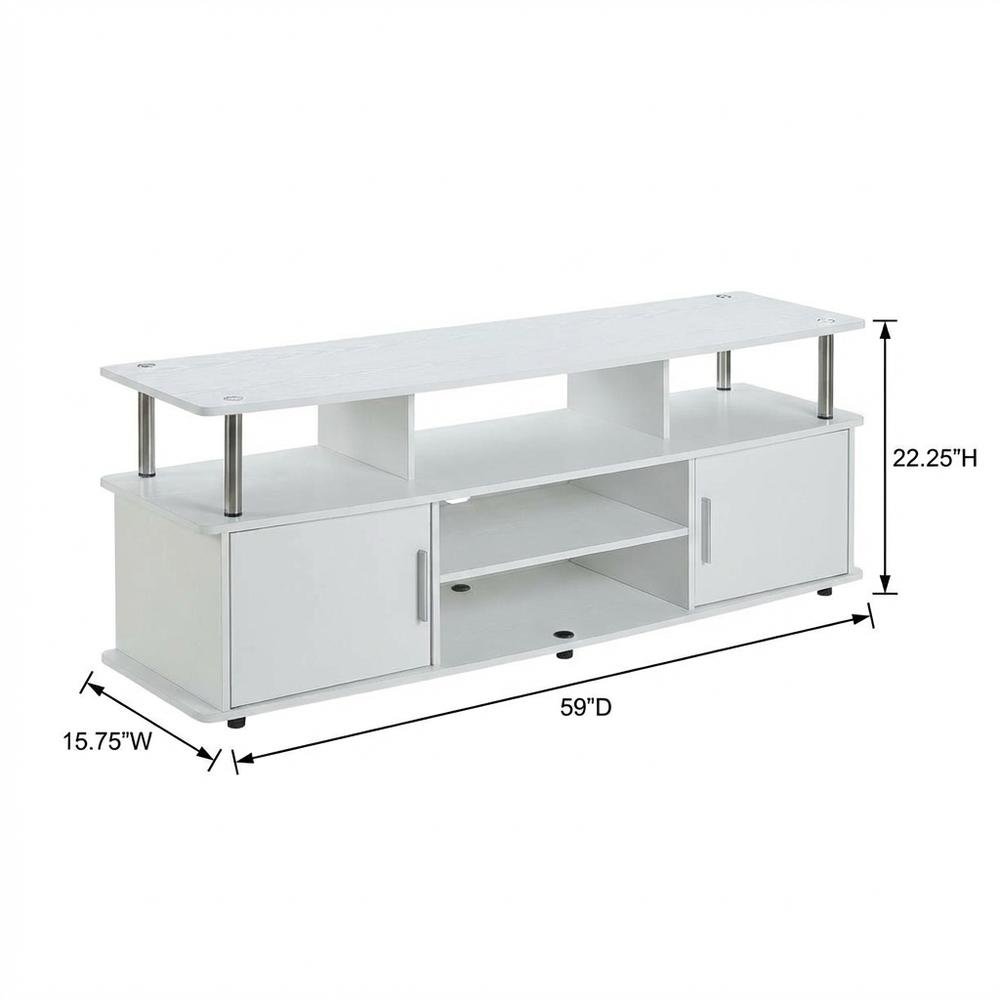 White TV stand with particle board and stainless steel accents, modern design