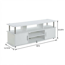 White TV stand with particle board and stainless steel accents, modern design