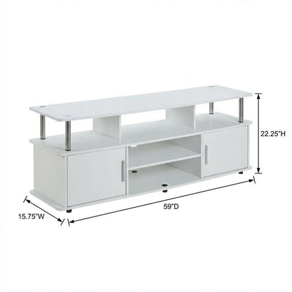 White TV stand with particle board and stainless steel accents, modern design