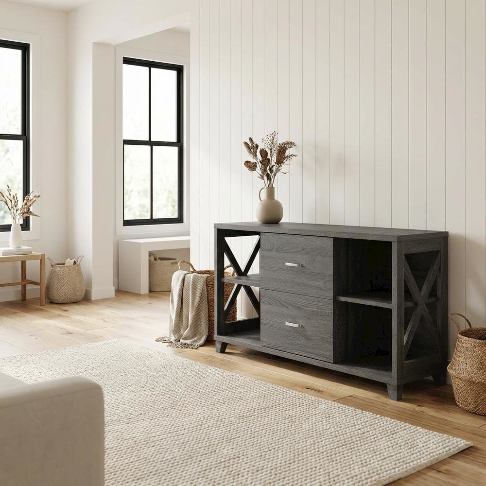 Gray Oxford Deluxe TV Stand with 2 Drawers and Shelves for 55-Inch Screens
