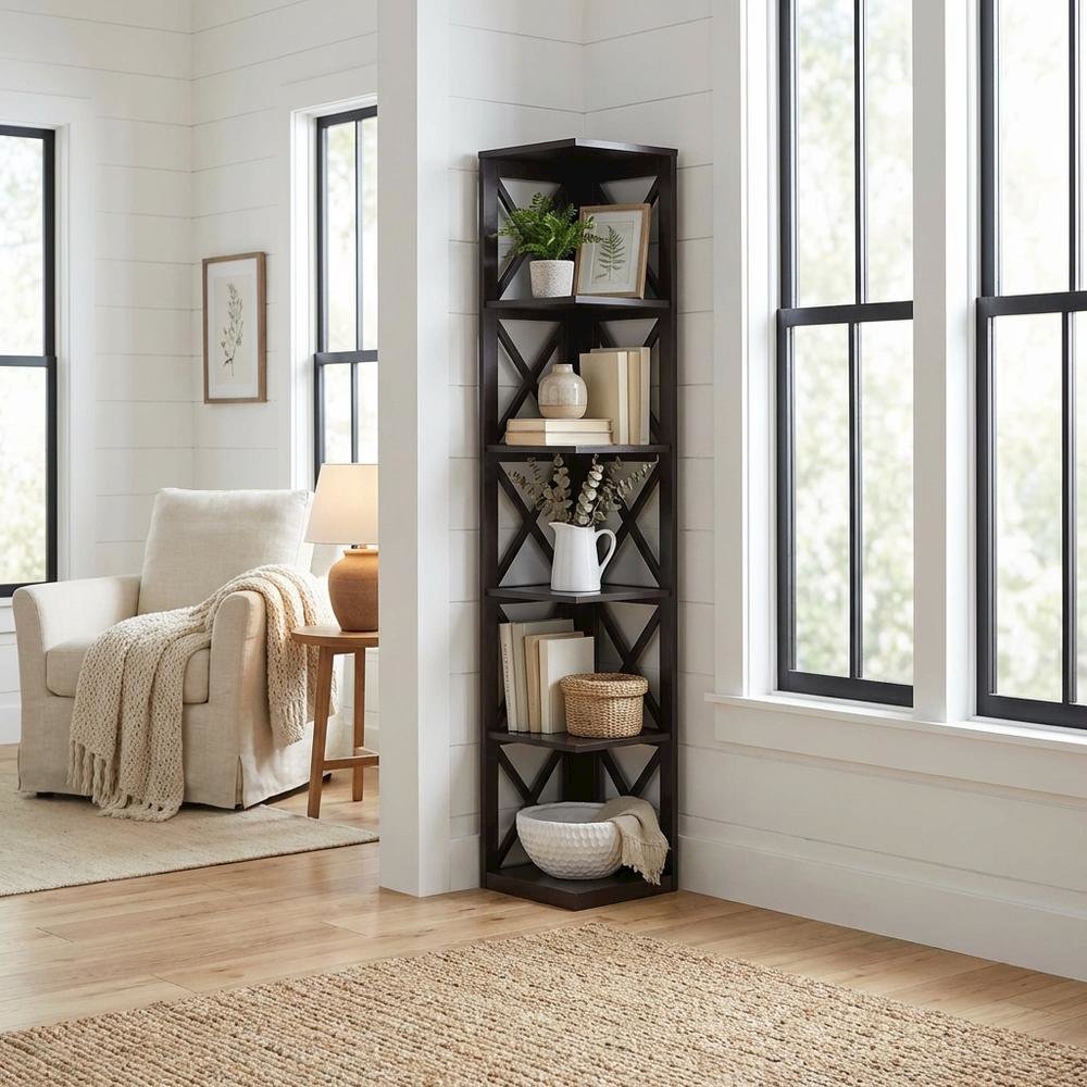 Corner bookcase in a sleek finish with five spacious shelves, flexible storage