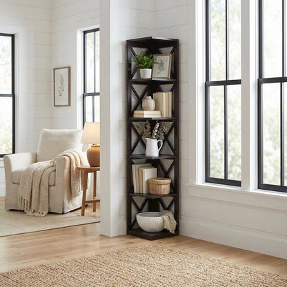 Corner bookcase in a sleek finish with five spacious shelves, flexible storage