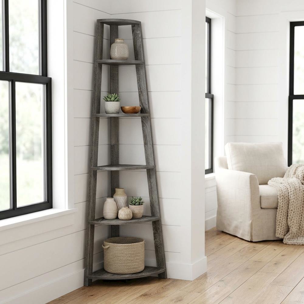 Weathered Gray 5-Tier Corner Bookshelf with Contemporary Design