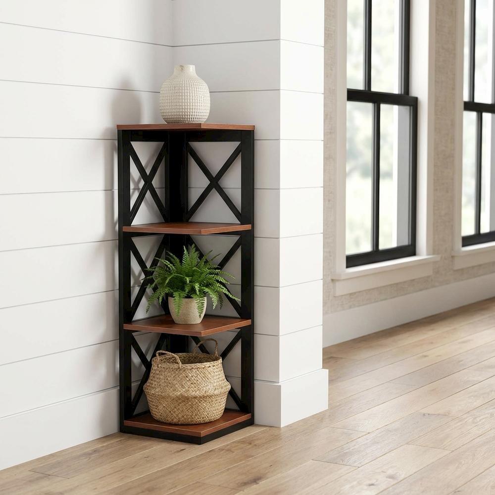 Corner Bookcase in Neutral Finish with Stable Support and Durable Construction