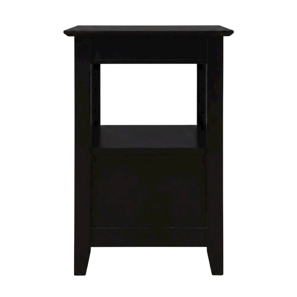 Black end table with built-in charging station and spacious shelf