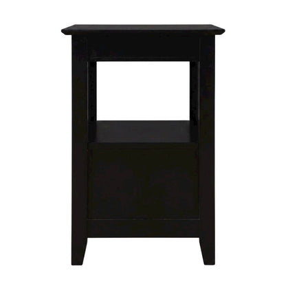 Black end table with built-in charging station and spacious shelf