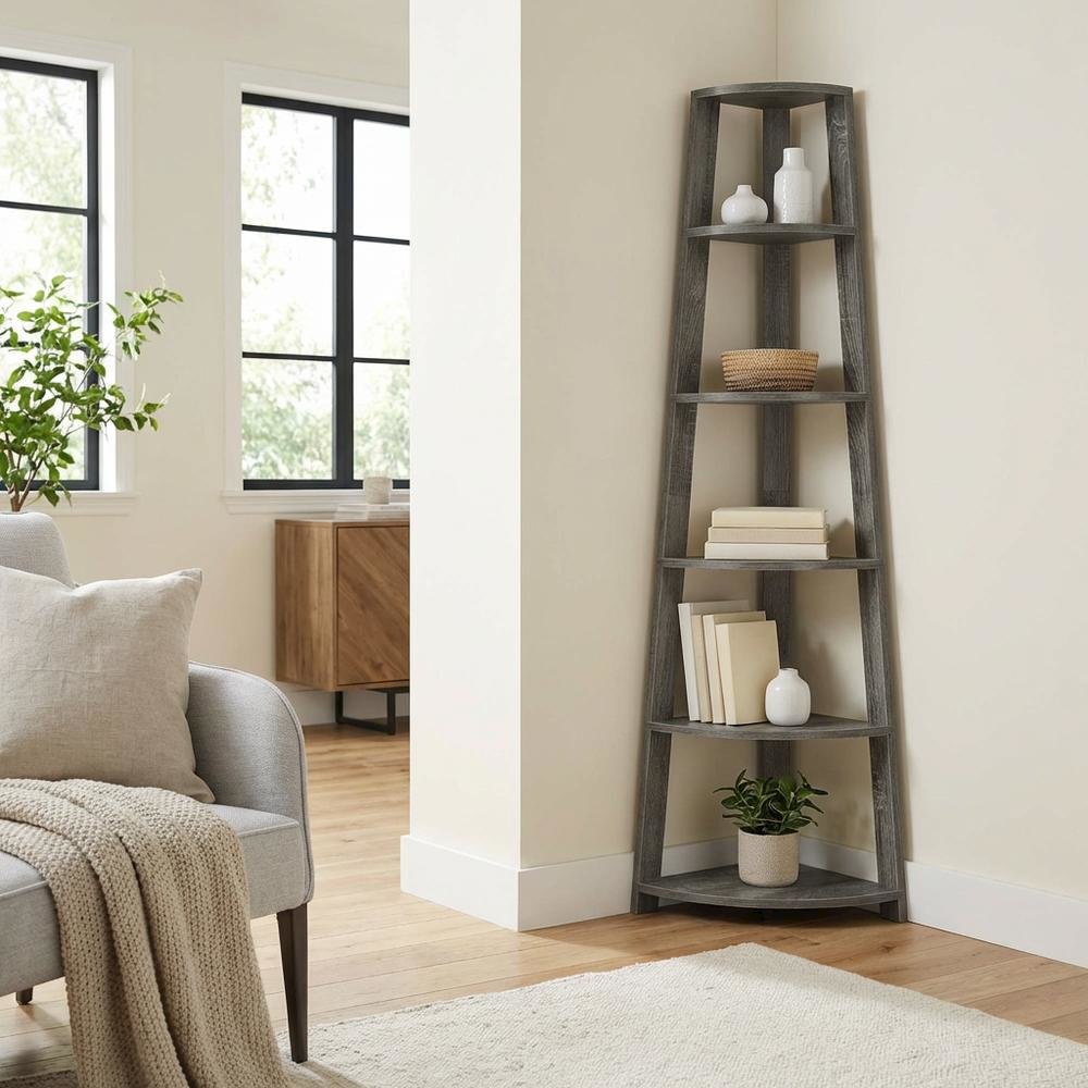 Weathered Gray 5-Tier Corner Bookshelf with Contemporary Design
