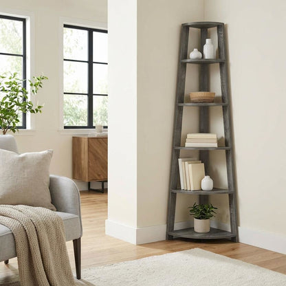 Weathered Gray 5-Tier Corner Bookshelf with Contemporary Design