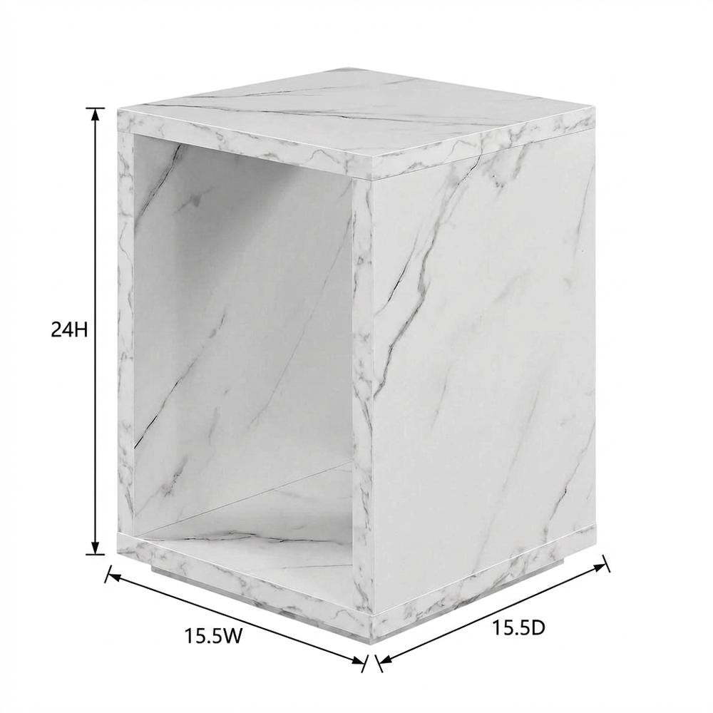 White Faux Marble End Table with Shelf for Living Room Use