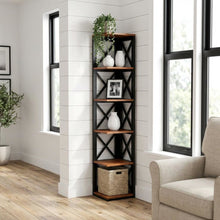 Multi-tier corner bookcase with durable finish, ideal for compact spaces