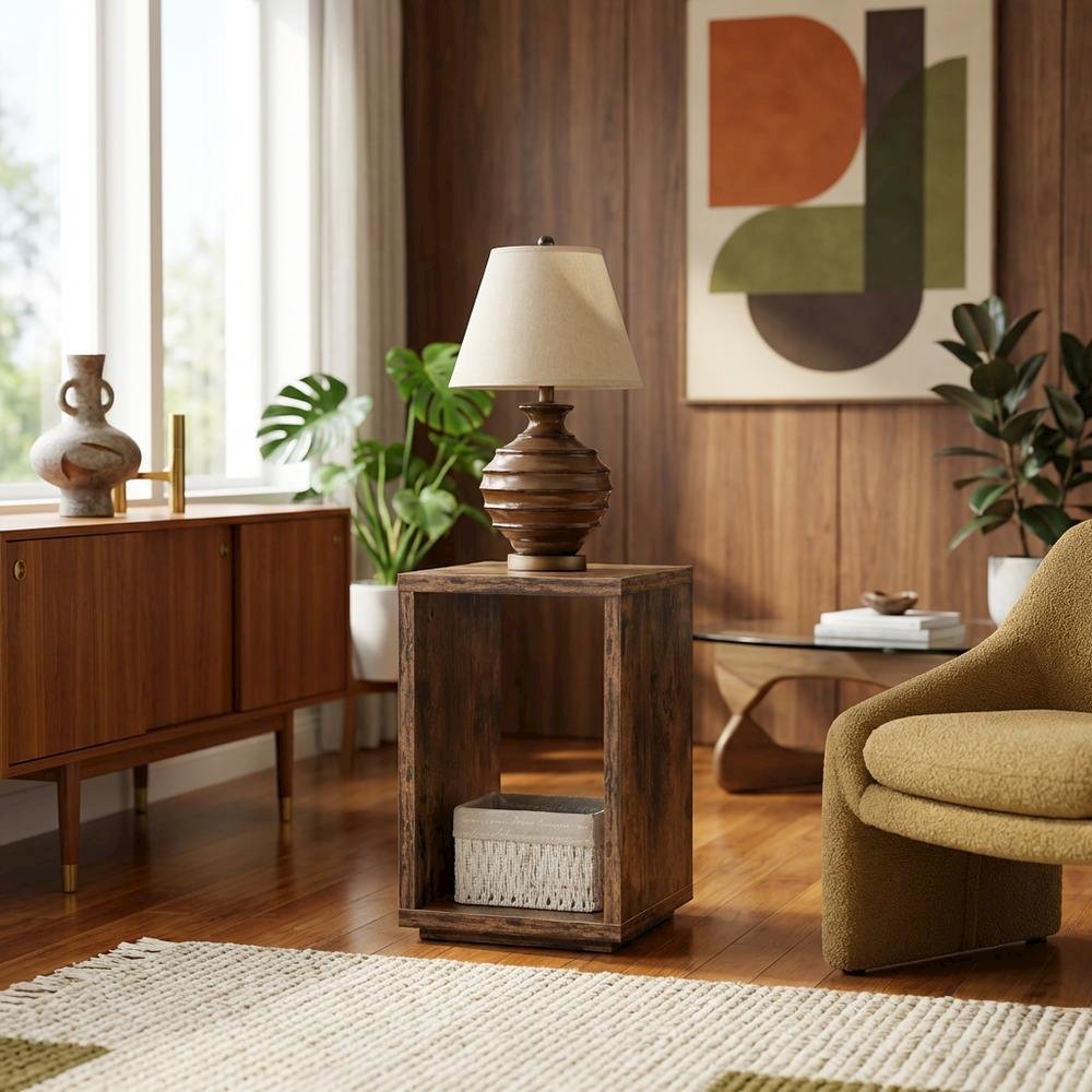 Barnwood Finish End Table with Shelving for Living Room or Bedroom