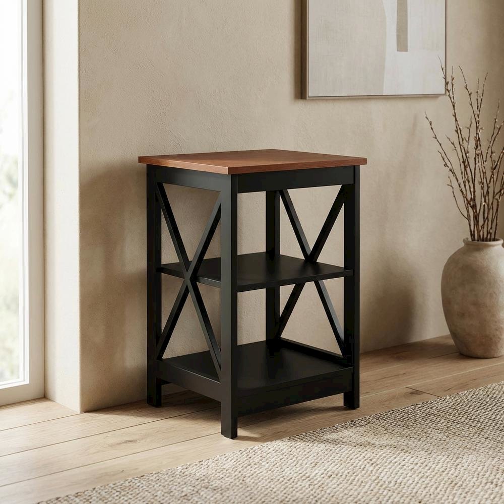 Cherry finish end table with shelves and transitional coastal style