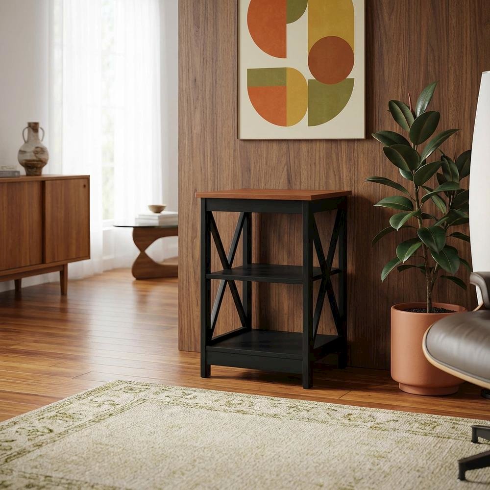 Cherry finish end table with shelves and transitional coastal style