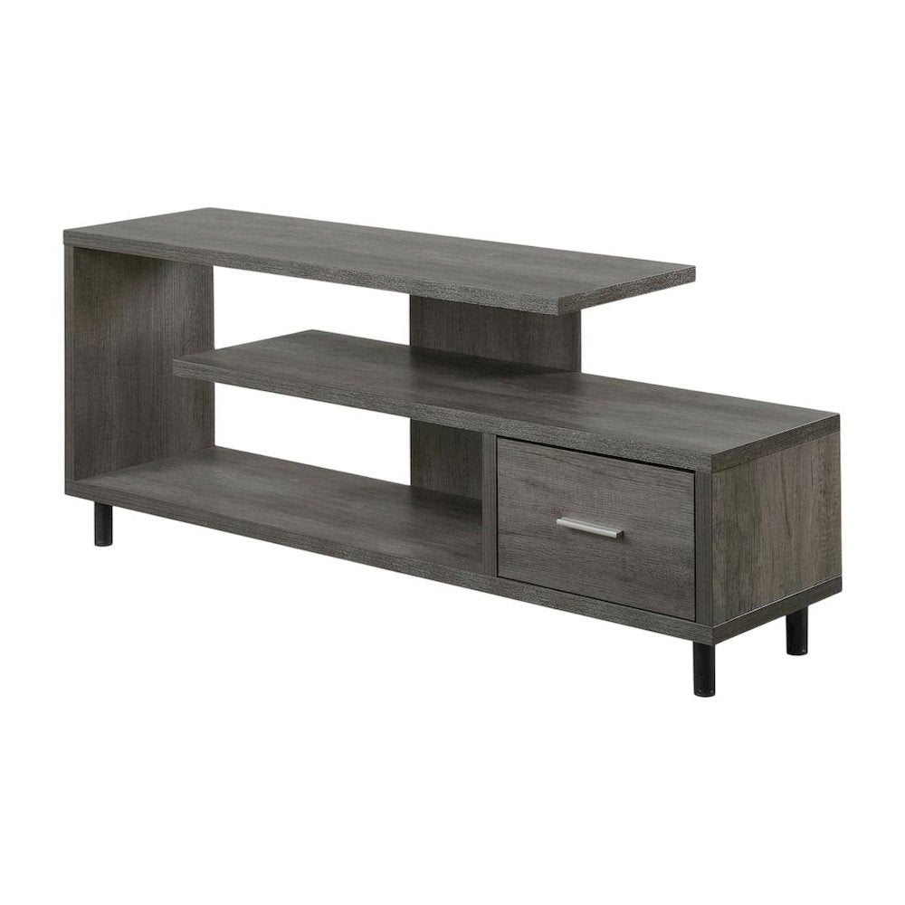 Gray TV stand with 1 drawer and shelves for 65-inch TVs, modern style