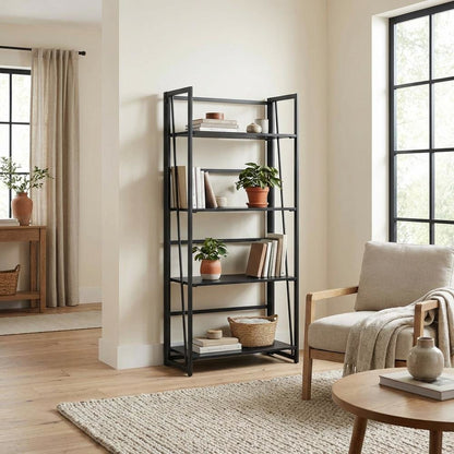 Black Folding 4 Tier Bookshelf with Particle Board and Melamine Finish