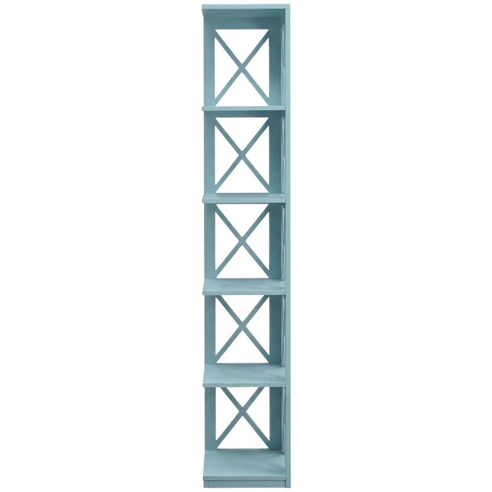 Corner bookcase in sleek finish with five sturdy tiers for versatile storage