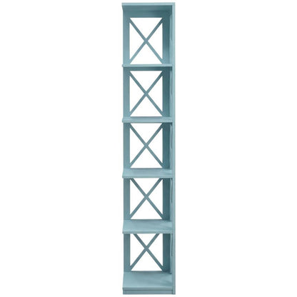 Corner bookcase in sleek finish with five sturdy tiers for versatile storage