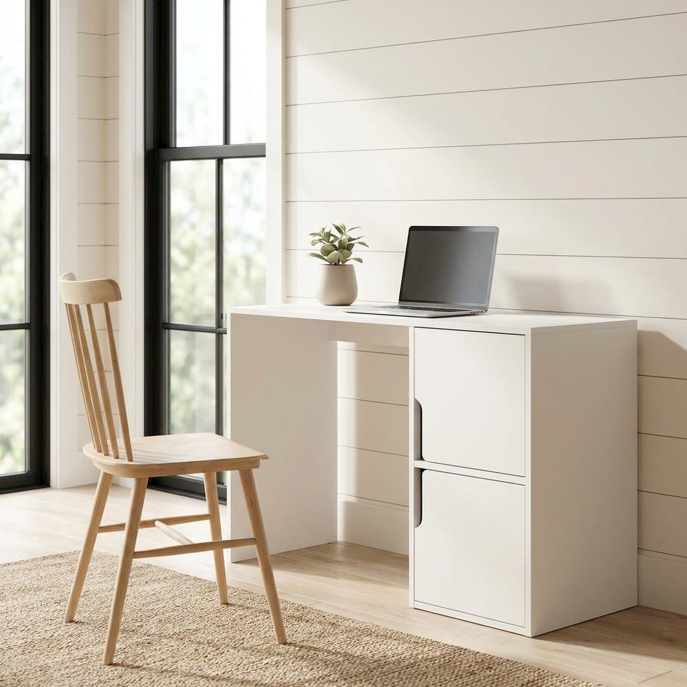 White Student Desk With Storage Cabinets And Melamine Veneer Finish