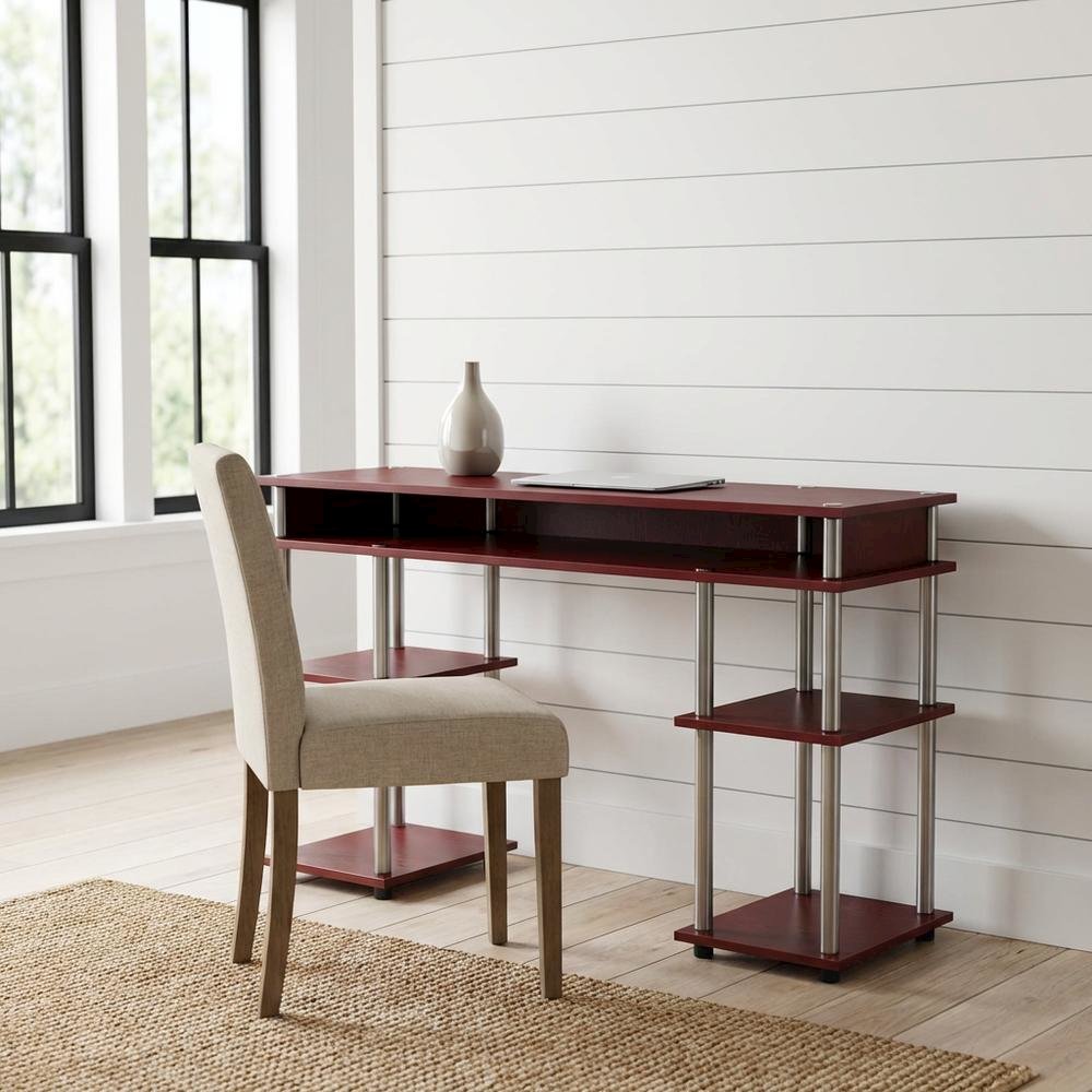 Wooden Student Desk, Shelves, Melamine Veneer And Steel Finish For Workspace