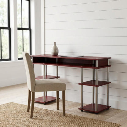 Wooden Student Desk, Shelves, Melamine Veneer And Steel Finish For Workspace