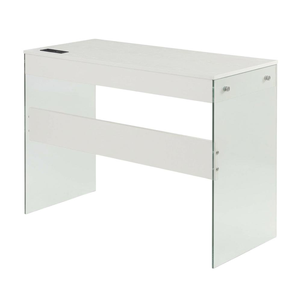 White 42 Inch Glass Desk With Built-In Charging Station And Modern Design