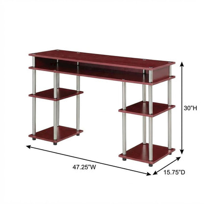 Wooden Student Desk, Shelves, Melamine Veneer And Steel Finish For Workspace