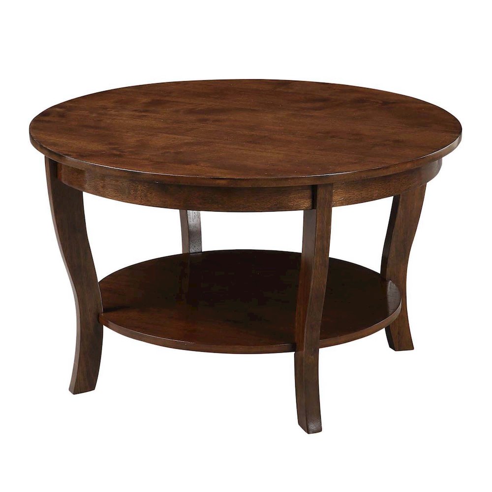 Brown Round Coffee Table with Lower Shelf for Stylish Living Room Storage