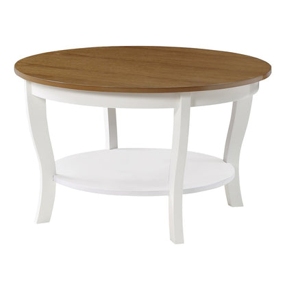Elegant Brown Round Coffee Table with Shelf, MDF Solid Rubberwood Veneer
