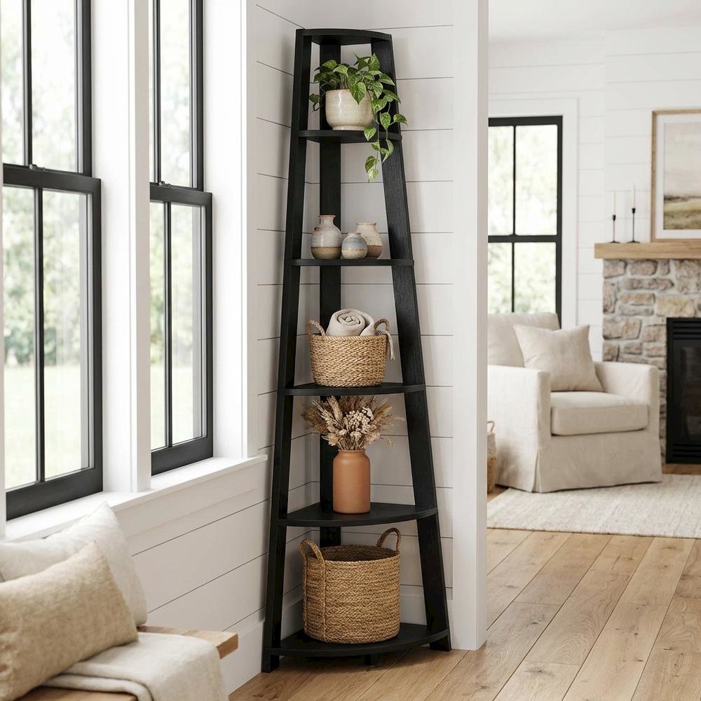 Black 5-Tier Corner Bookcase with Modern Design and Durable MDF Construction