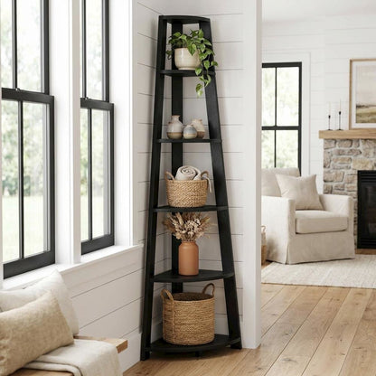Black 5-Tier Corner Bookcase with Modern Design and Durable MDF Construction