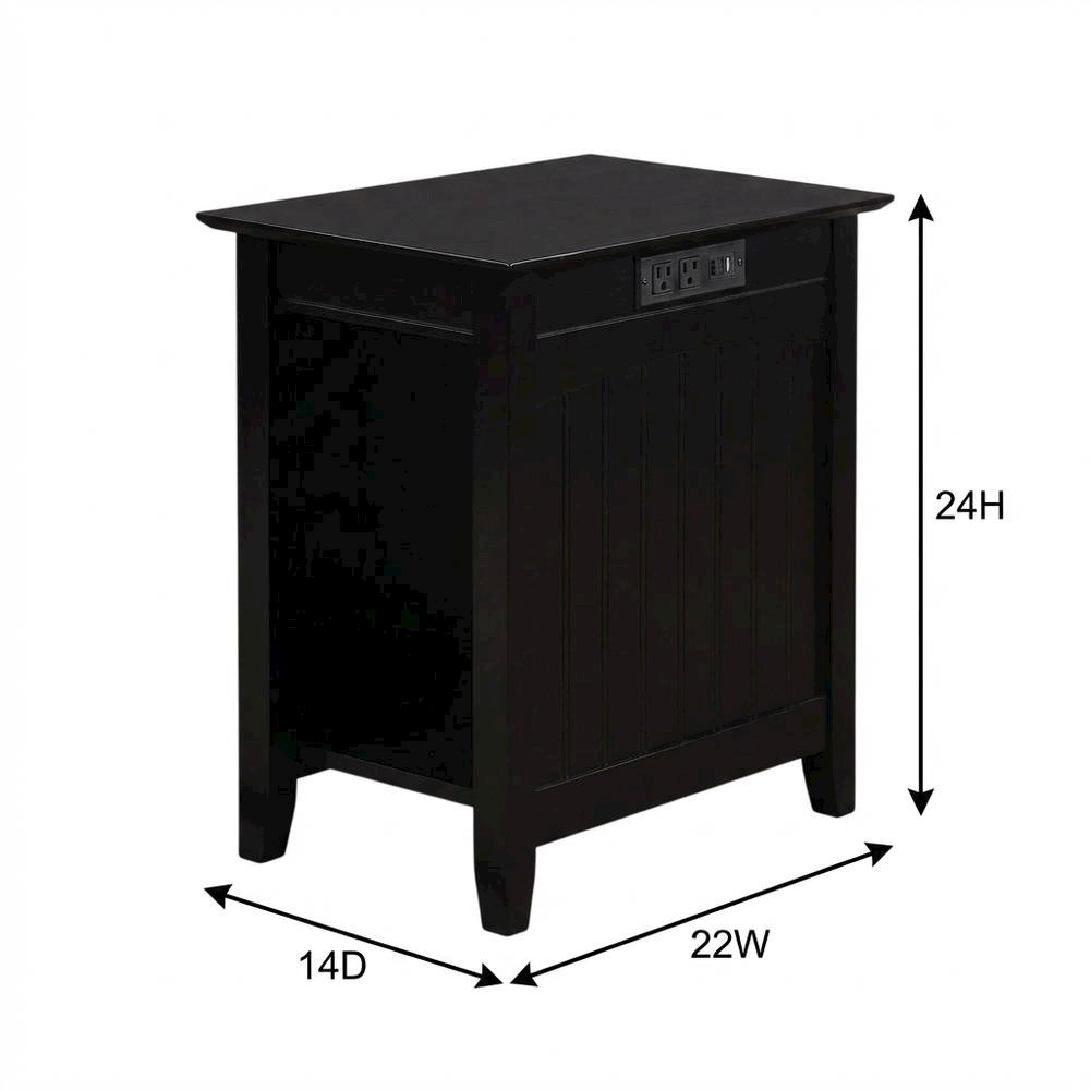 Black end table with built-in charging station and spacious shelf