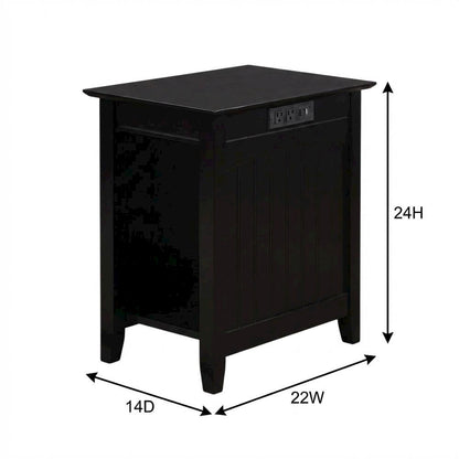 Black end table with built-in charging station and spacious shelf