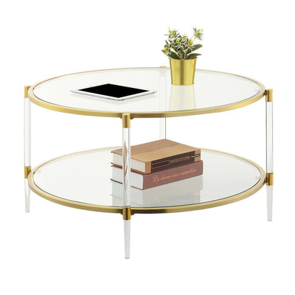 Acrylic Coffee Table with 2 Tiers of Glass, Gold Frame, Contemporary Style, 34"