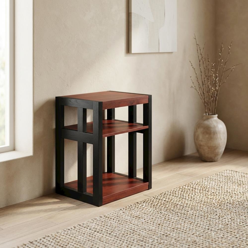Cherry and Black Finish End Table with Shelves, Modern and Sturdy