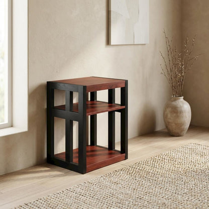 Cherry and Black Finish End Table with Shelves, Modern and Sturdy