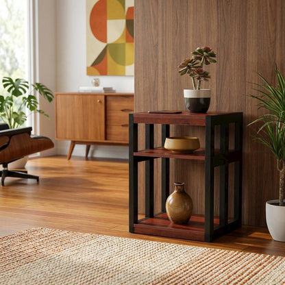 Cherry and Black Finish End Table with Shelves, Modern and Sturdy