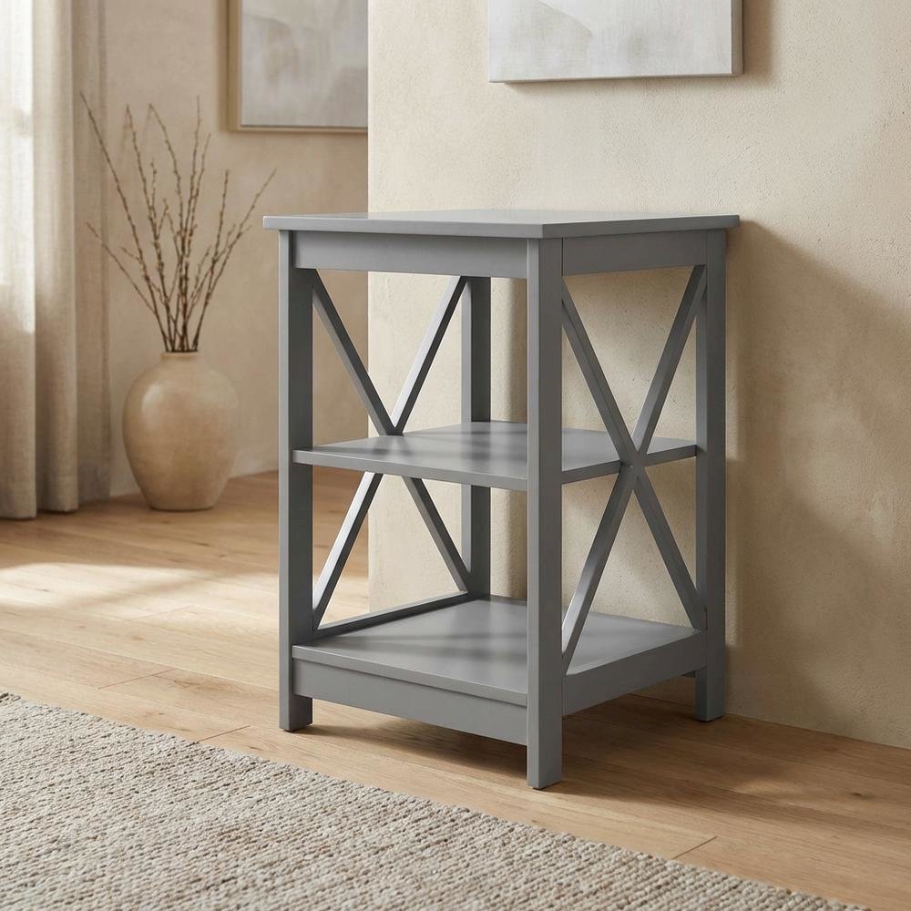 Gray end table with storage shelves in transitional coastal style