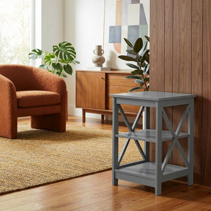 Gray end table with storage shelves in transitional coastal style