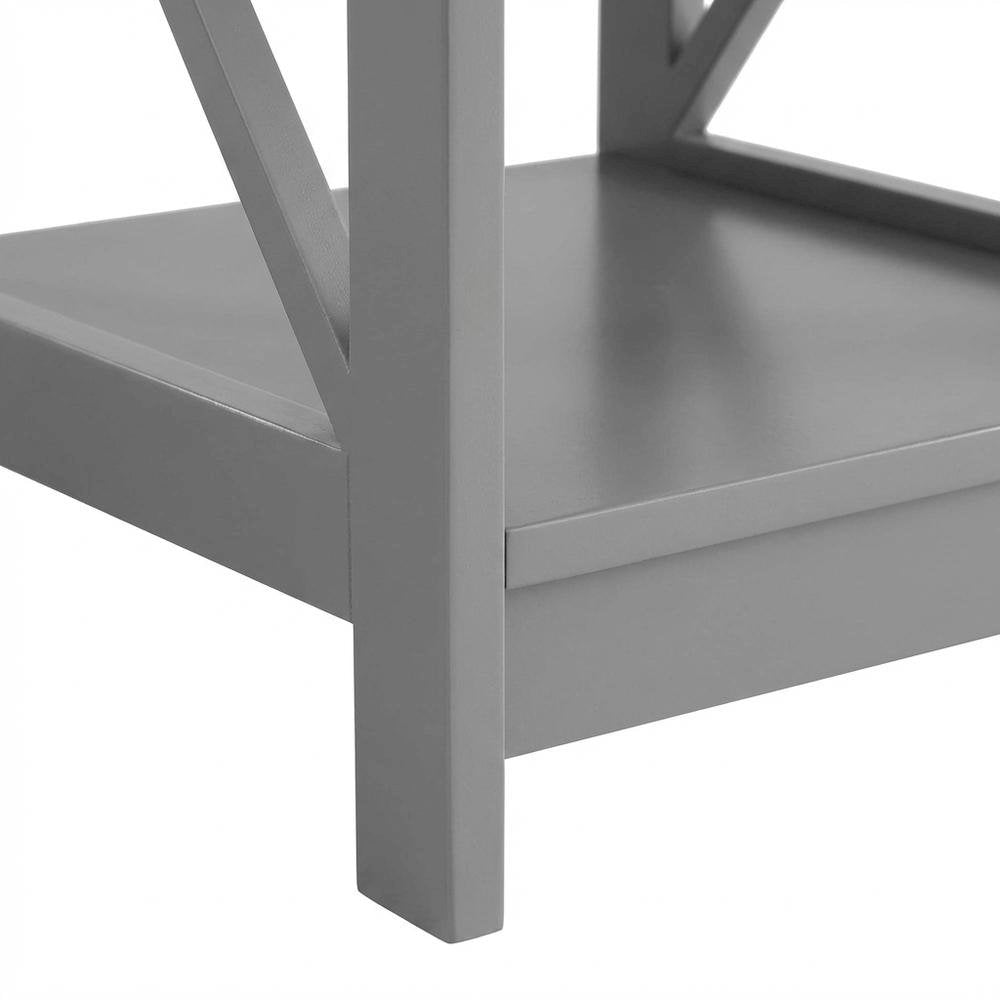 Gray end table with storage shelves in transitional coastal style