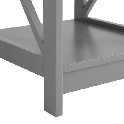 Gray end table with storage shelves in transitional coastal style