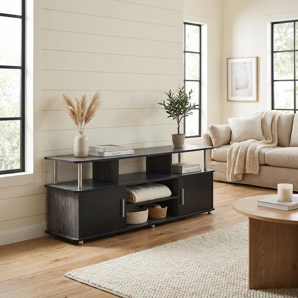 Weathered Gray/Black TV Stand with Melamine Veneer and Sturdy Construction