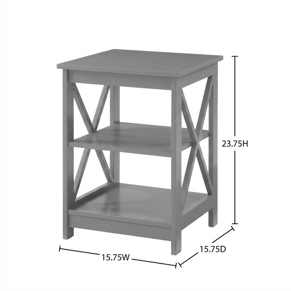 Gray end table with storage shelves in transitional coastal style