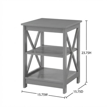 Gray end table with storage shelves in transitional coastal style