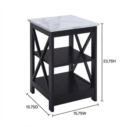 White faux marble end table with shelf for living room or bedroom use