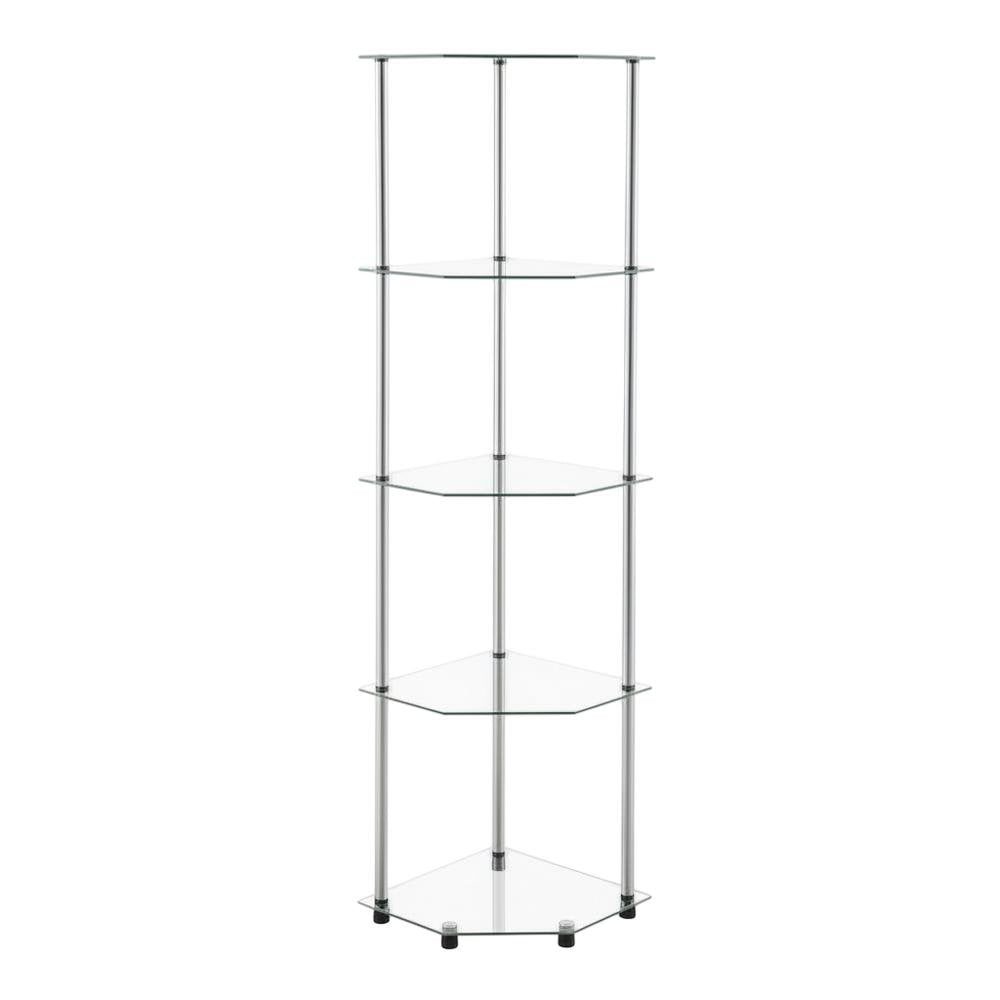 Corner Tower Shelf, Gray Glass, 5 Tier, Easy Assembly